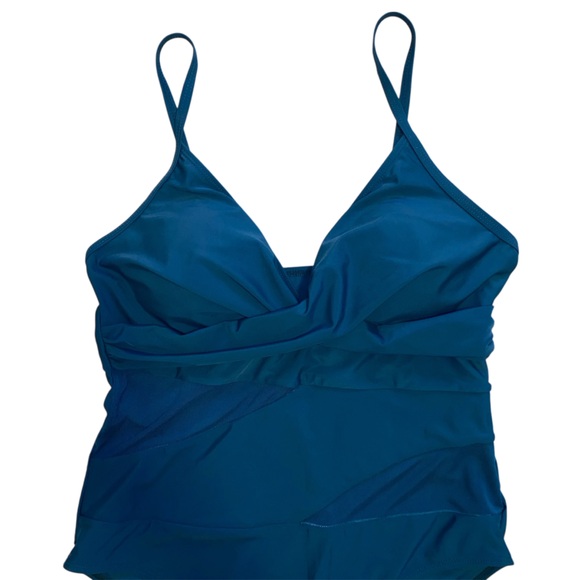 Teal Blue One Piece Swimsuit with Mesh Accents - Picture 4 of 11